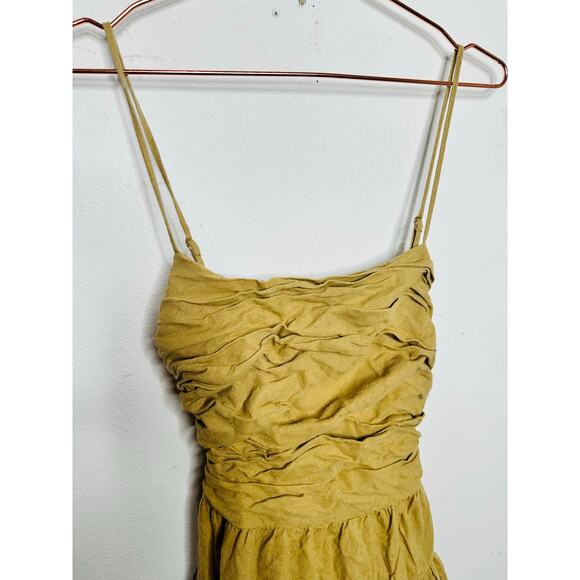 TOCCIN Women's Brown Khaki Square Neck Ruched Bodice Tie Waist Midi Dress Size 8 - Picture 3 of 16